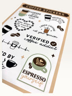 Paper Party Studio coffee lover sticker sheet with glossy kiss-cut puns, latte art, and espresso themed designs.