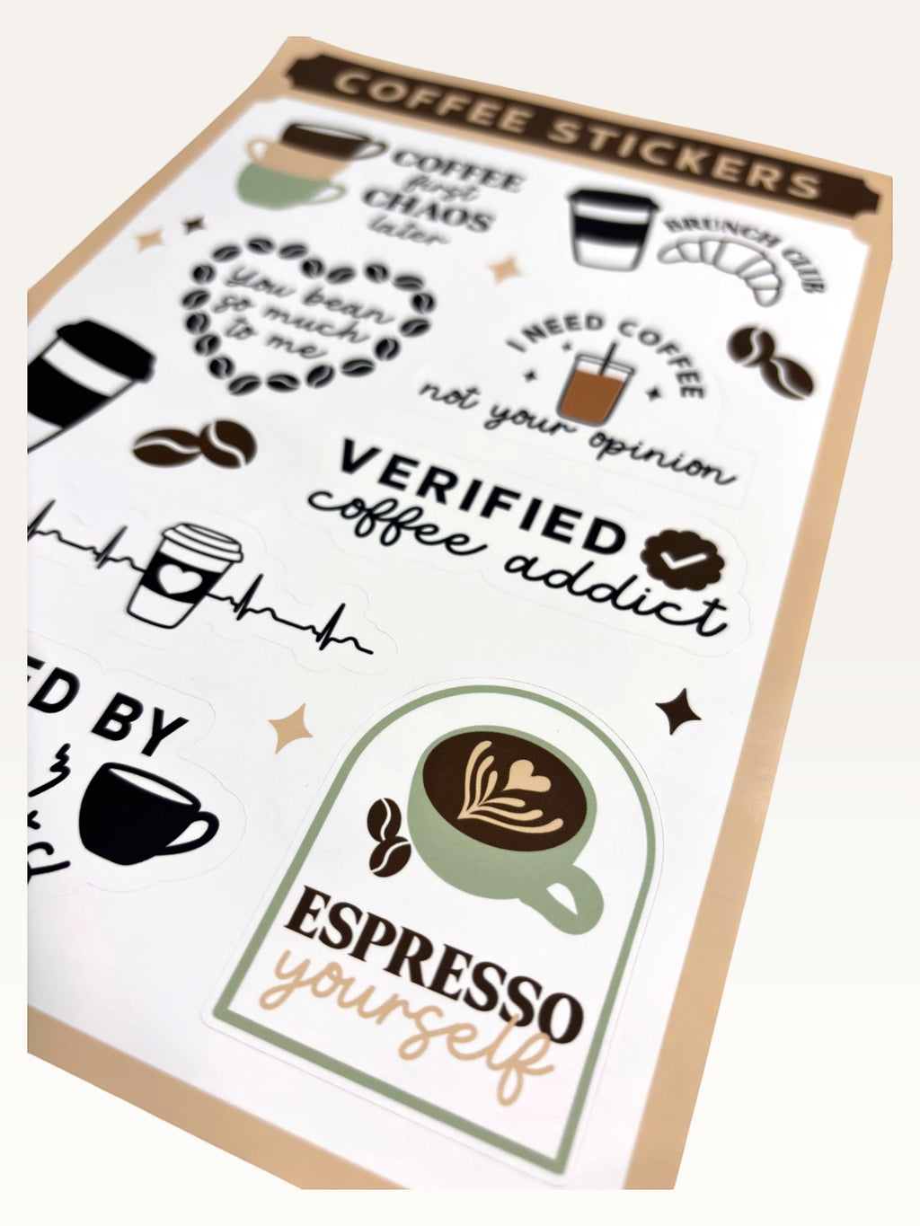 Paper Party Studio coffee themed glossy sticker sheet with espresso puns, coffee cups, and cute illustrations