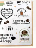 Paper Party Studio coffee themed sticker sheet featuring espresso, latte art, and funny caffeine puns on glossy paper.