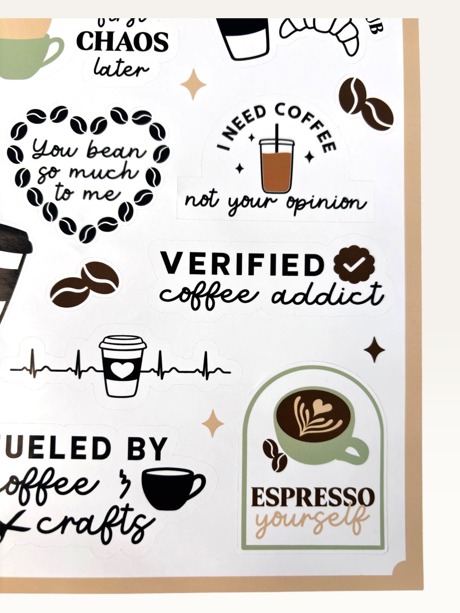 Paper Party Studio coffee themed sticker sheet featuring espresso, latte art, and funny caffeine puns on glossy paper.