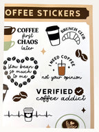 Paper Party Studio coffee sticker sheet featuring glossy kiss-cut designs with puns, latte art, and espresso motifs.