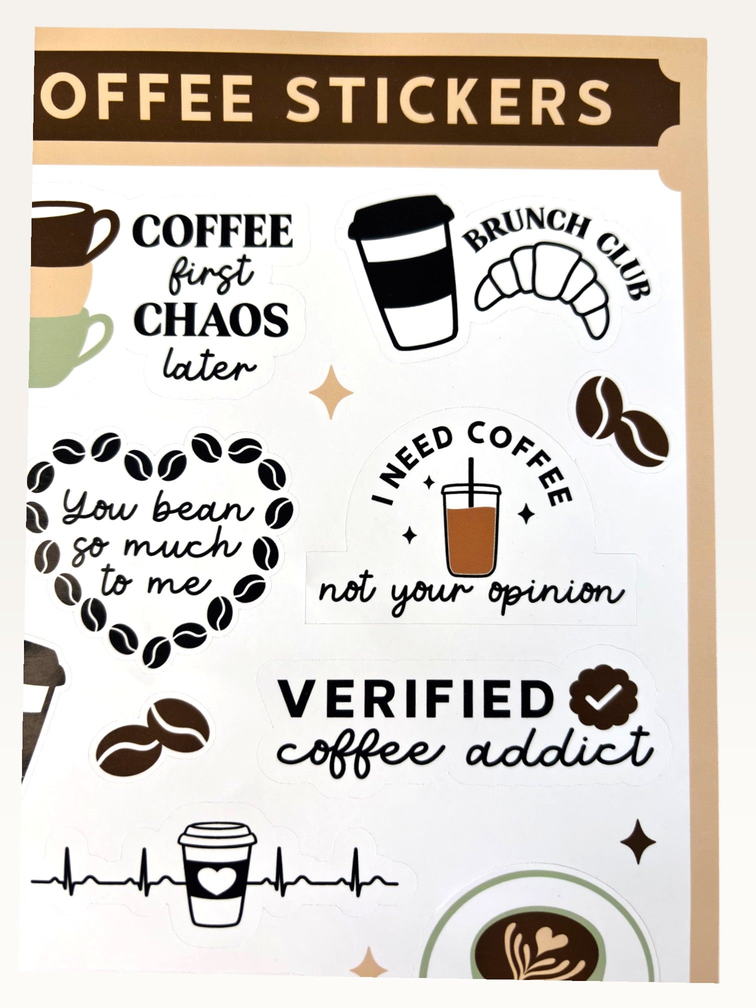 Paper Party Studio coffee sticker sheet featuring glossy kiss-cut designs with puns, latte art, and espresso motifs.