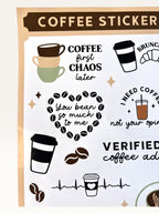 Paper Party Studio glossy coffee sticker sheet featuring punny quotes, latte art, and espresso bean illustrations.