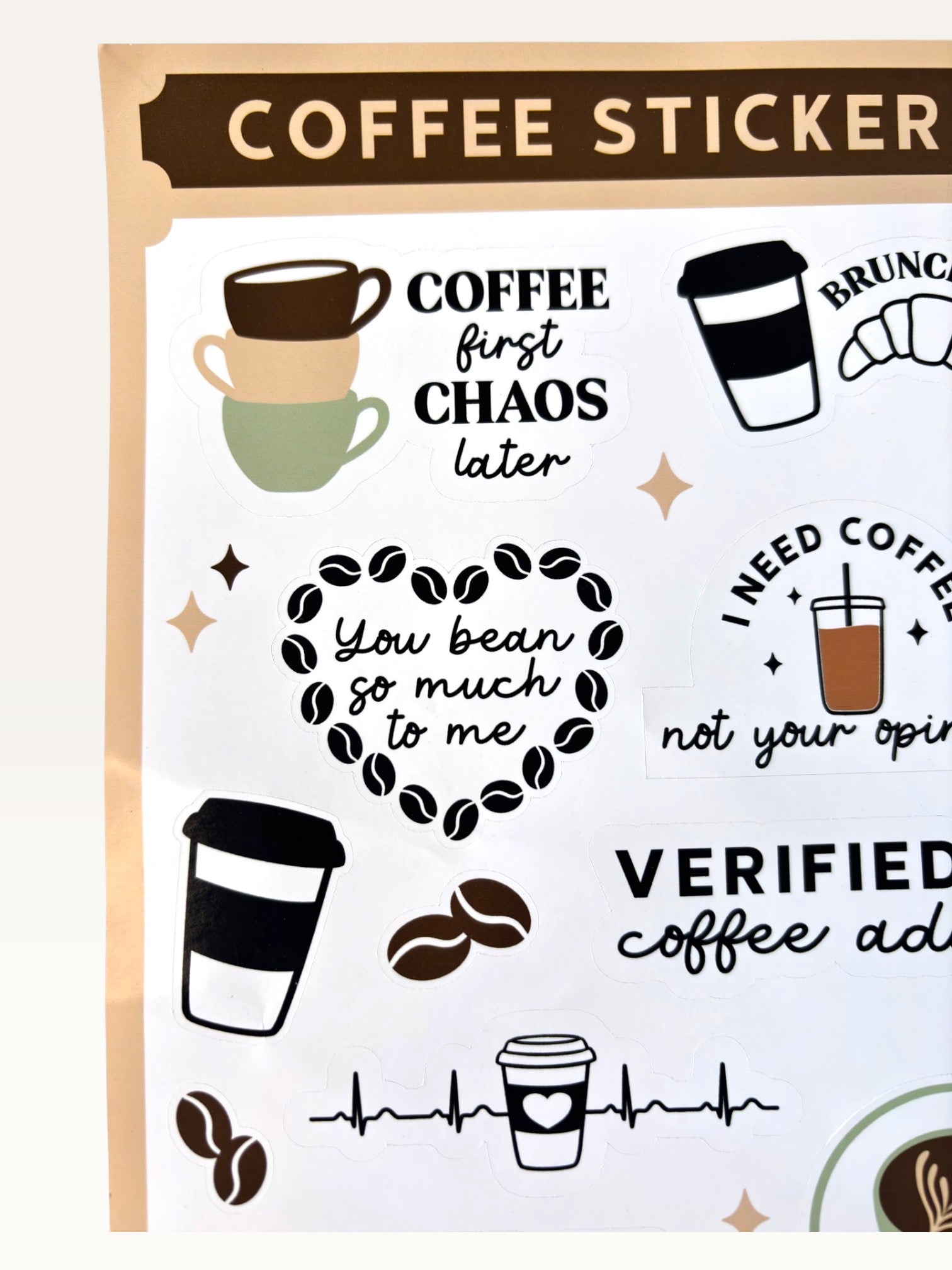 Paper Party Studio glossy coffee sticker sheet featuring punny quotes, latte art, and espresso bean illustrations.
