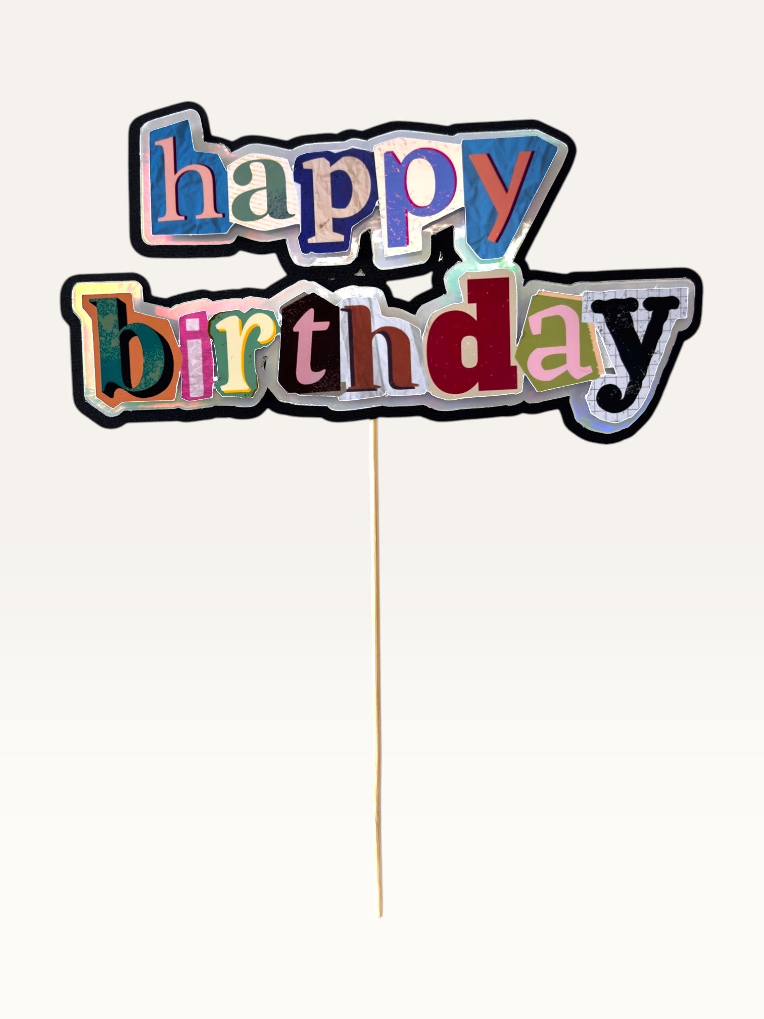 Paper Party Studio collage Happy Birthday cake topper with holographic magazine-style letters