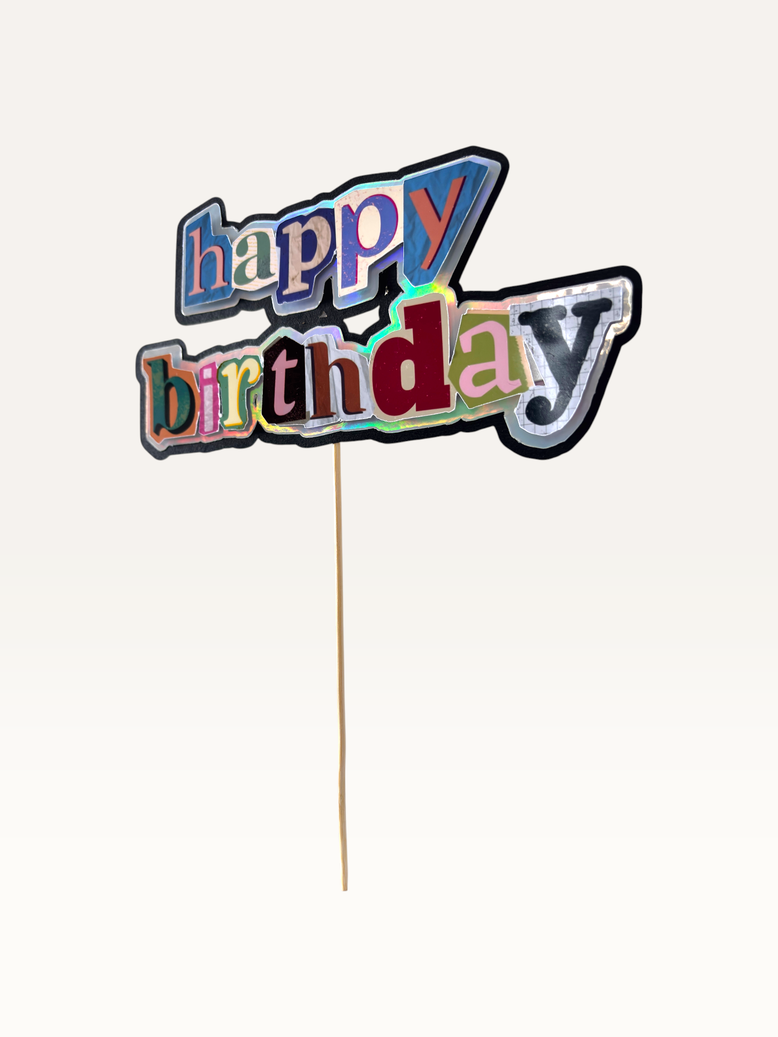 Paper Party Studio collage cake topper with bold layered typography and magazine cut-out style