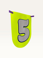 Paper Party Studio custom birthday bunting featuring a neon yellow U-shaped cardstock flag with a grey number five.