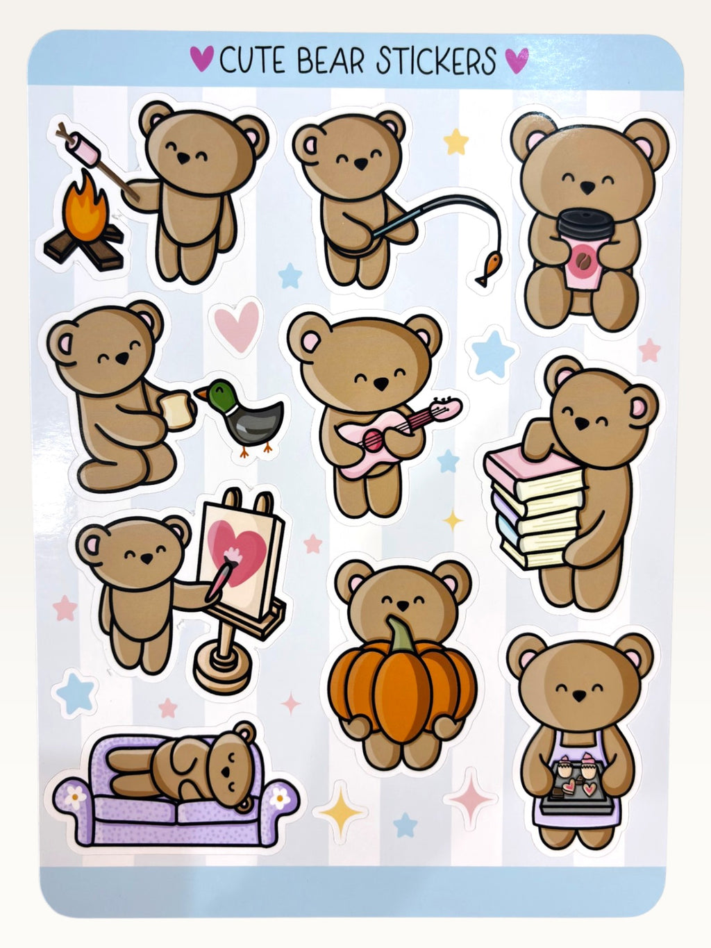 Paper Party Studio glossy sticker sheet featuring cute brown bears in various activities like painting and napping.