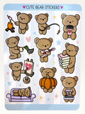 Paper Party Studio glossy sticker sheet featuring cute brown bears in various activities like painting and napping.