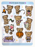 Paper Party Studio glossy sticker sheet featuring cute brown bears in various activities like painting and napping.
