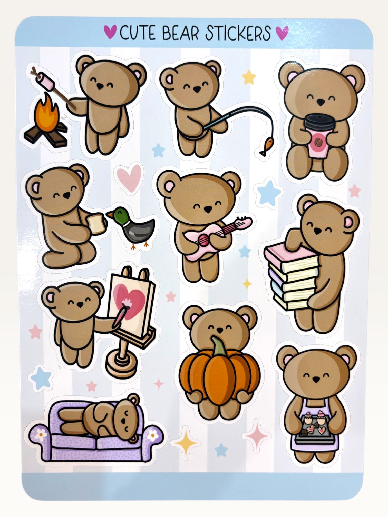 Paper Party Studio glossy sticker sheet featuring cute brown bears in various activities like painting and napping.