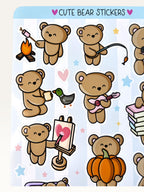 Paper Party Studio glossy sticker sheet featuring cute brown bears roasting marshmallows, playing guitar, and painting