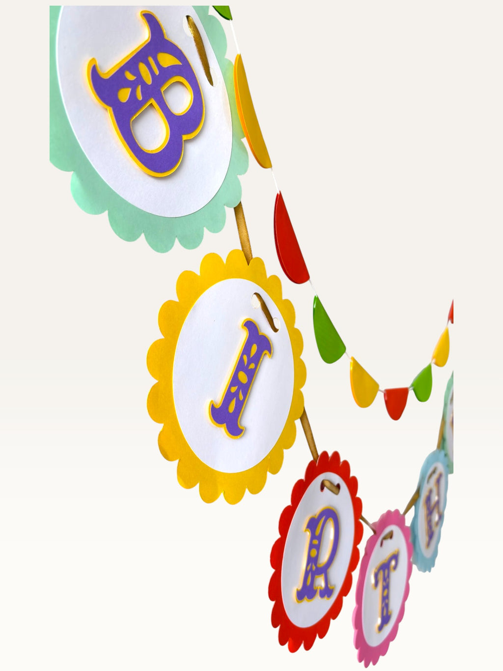 Paper Party Studio colourful scalloped Happy Birthday banner with purple letters on bright paper circles