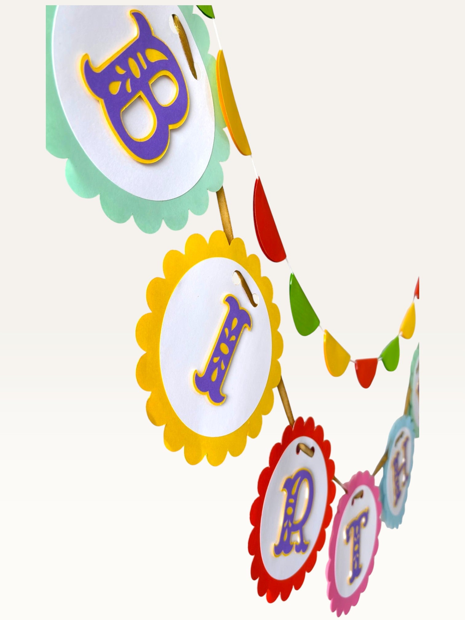Paper Party Studio colourful scalloped Happy Birthday banner with purple letters on bright paper circles