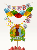 Paper Party Studio personalised dinosaur cake topper and colourful Happy Birthday paper banner for kids party decor