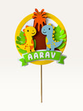 Paper Party Studio personalised dinosaur cake topper with friendly dinos and tropical leaves