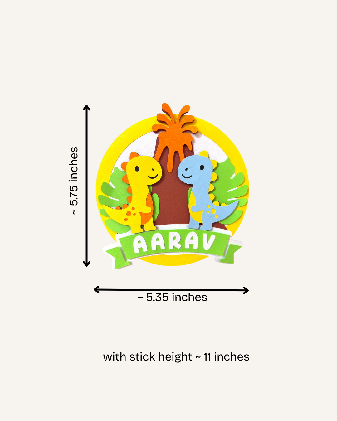 Paper Party Studio dinosaur birthday cake topper with two friendly dinos and volcano