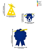 Paper Party Studio navy and yellow cardstock dog birthday garland cut-outs with party hat and award ribbon shapes.