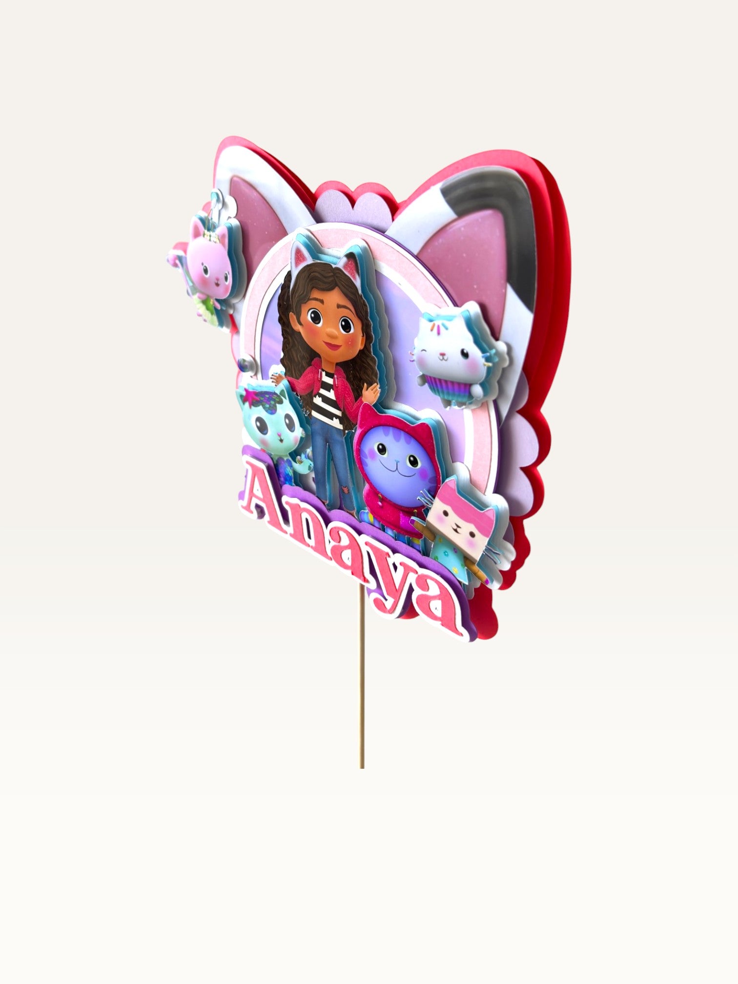 Paper Party Studio personalised dollhouse kittens cake topper with a girl character and pastel cat-themed design
