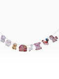 Paper Party Studio farm animal garland with watercolour cardstock animals and a red barn for nursery or party decor.