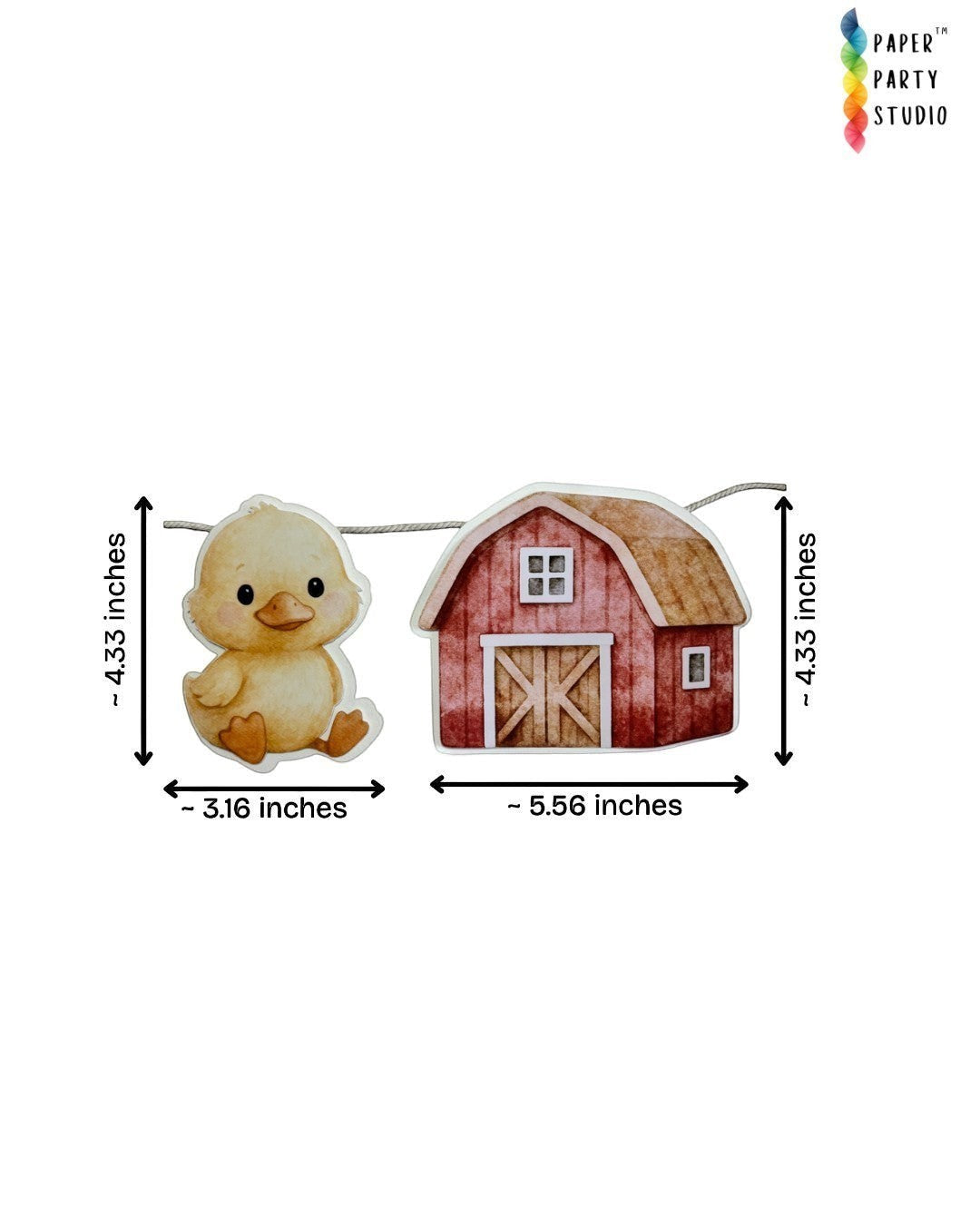 Paper Party Studio farm animal garland featuring watercolour duckling and red barn cardstock cutouts on a cord.