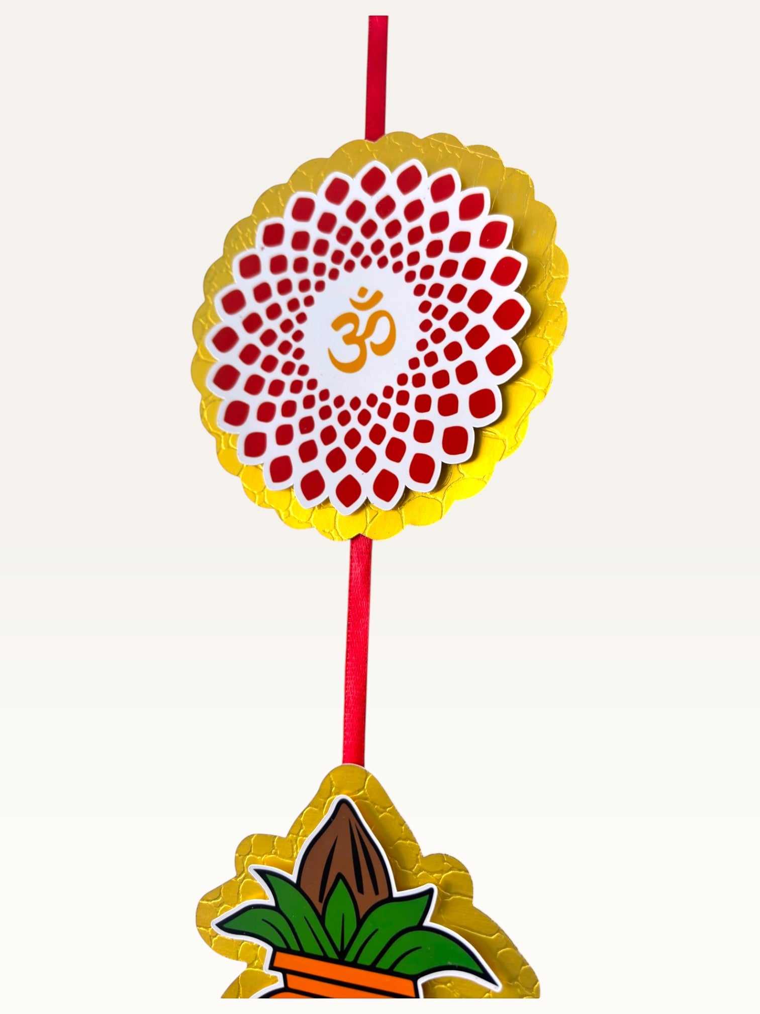 Paper Party Studio handcrafted festive door hanging with layered cardstock Om and Kalash motifs on a red cord.