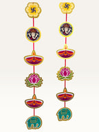 Paper Party Studio set of two festive door hanging strands featuring auspicious cardstock motifs with gold borders.