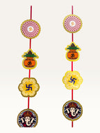 Paper Party Studio festive door hanging set featuring layered cardstock auspicious motifs on a red cord for Diwali decor.