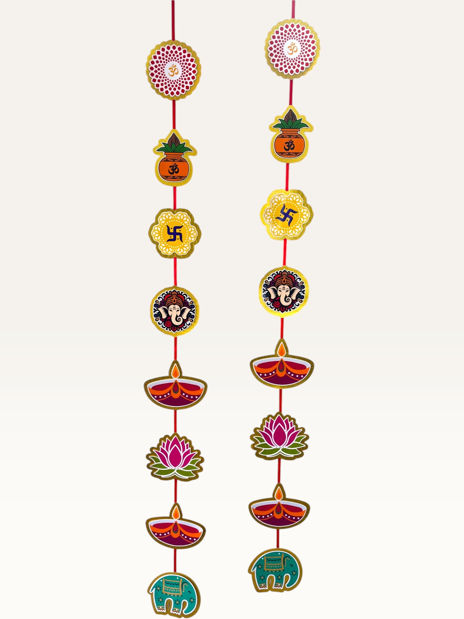 Paper Party Studio festive door hanging set featuring layered cardstock auspicious motifs on a red cord.