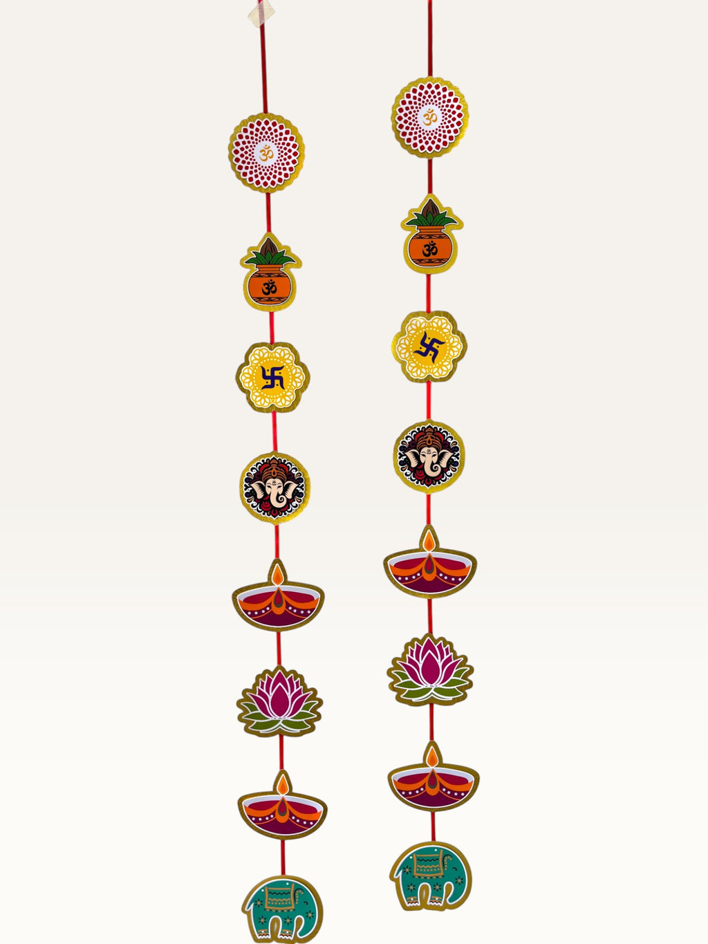 Paper Party Studio festive door hanging set featuring layered cardstock auspicious motifs on a red cord.