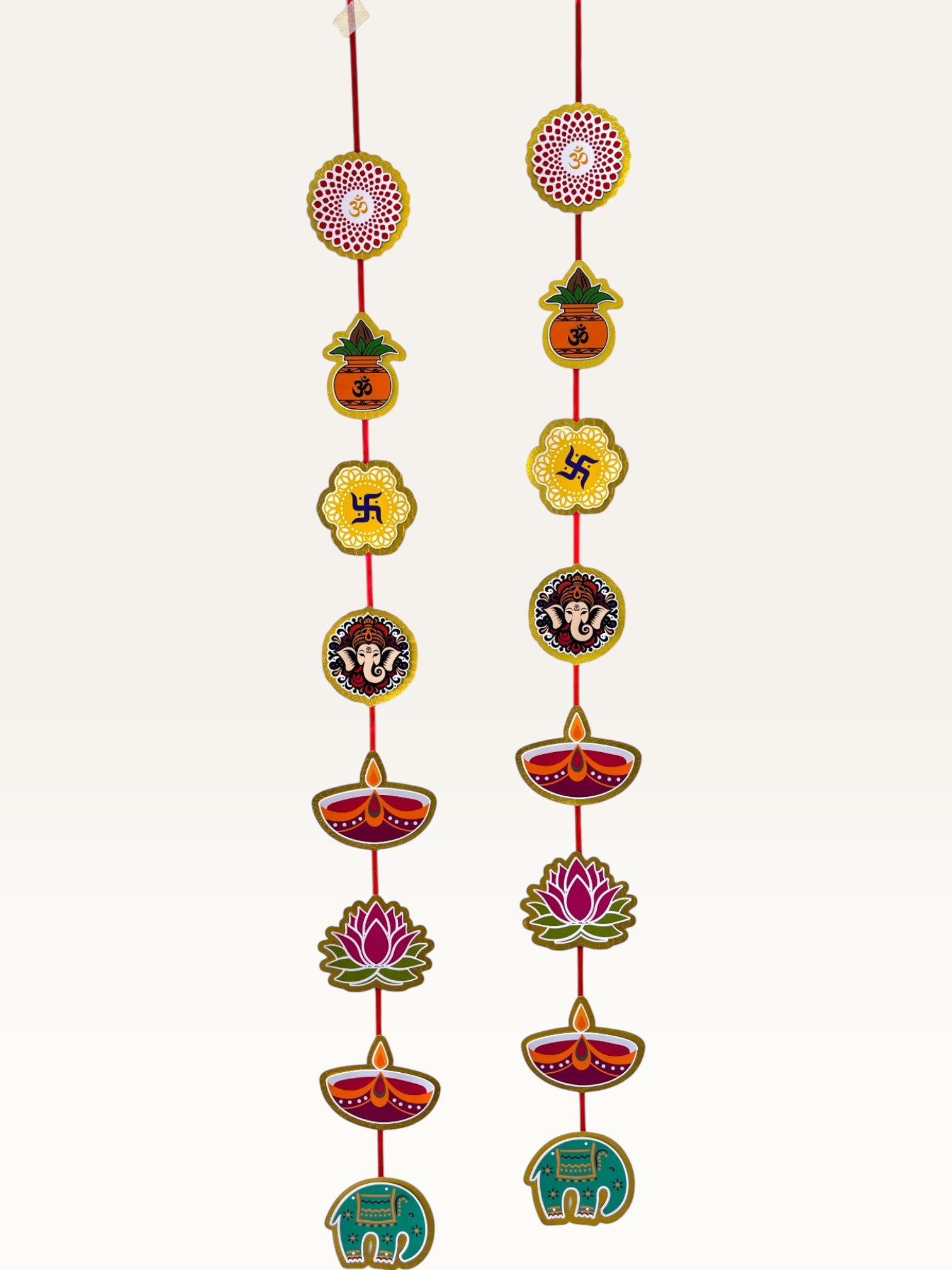 Paper Party Studio festive door hanging set featuring layered cardstock auspicious motifs on a red cord.