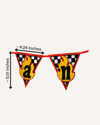Paper Party Studio flame racing name banner with checkered flag and yellow flame letters