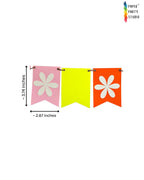 Paper Party Studio multi-bright fishtail flower bunting with white flower cut-outs on pink, yellow, and orange flags.