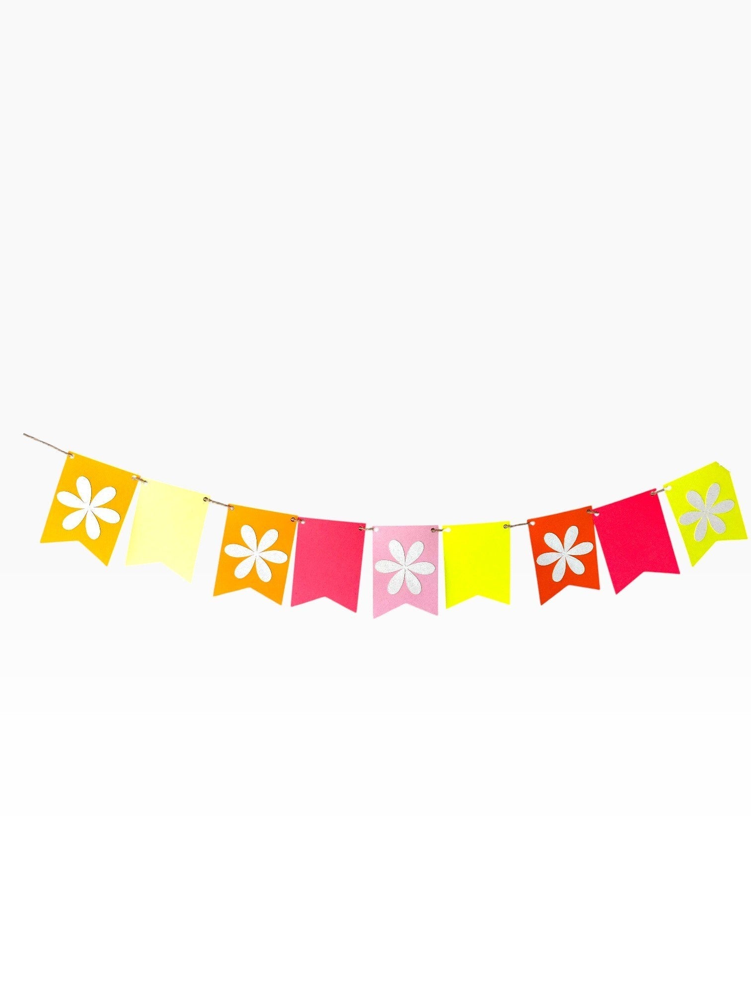 Paper Party Studio bright fishtail flower bunting with white cut-outs in yellow, pink, orange, and red.