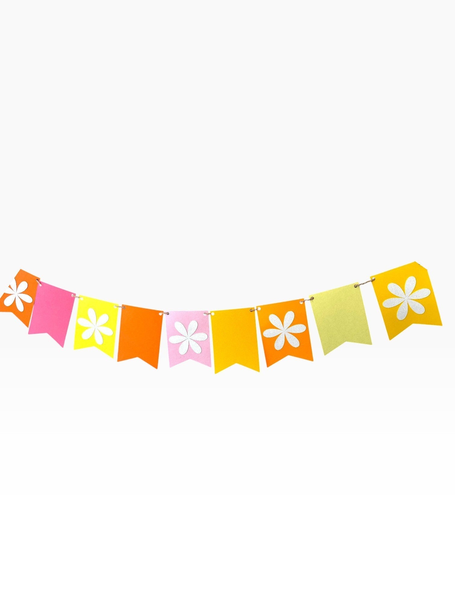 Paper Party Studio bright multi-color fishtail flower bunting with white flower cut-outs on alternating flags.