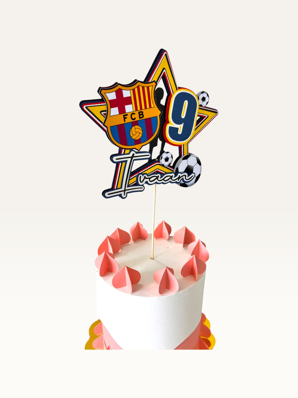Paper Party Studio personalised football star cake topper with player silhouette, number 9, and soccer ball accents