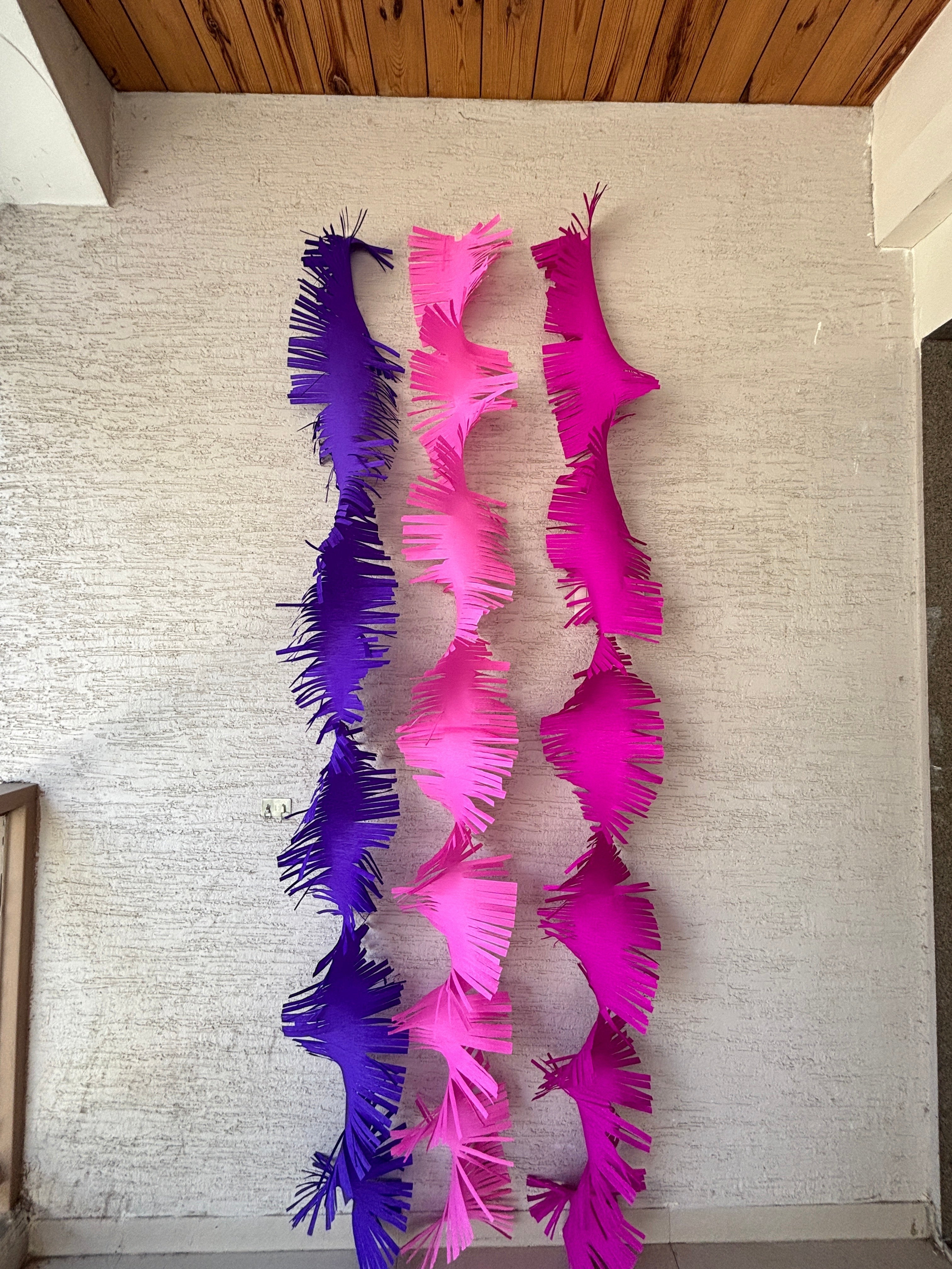 Paper Party Studio purple, pink, and hot pink crepe paper fringe streamers hanging vertically.