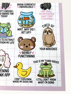 Paper Party Studio glossy sticker sheet featuring funny animals with relatable quotes like bearly functioning bear.
