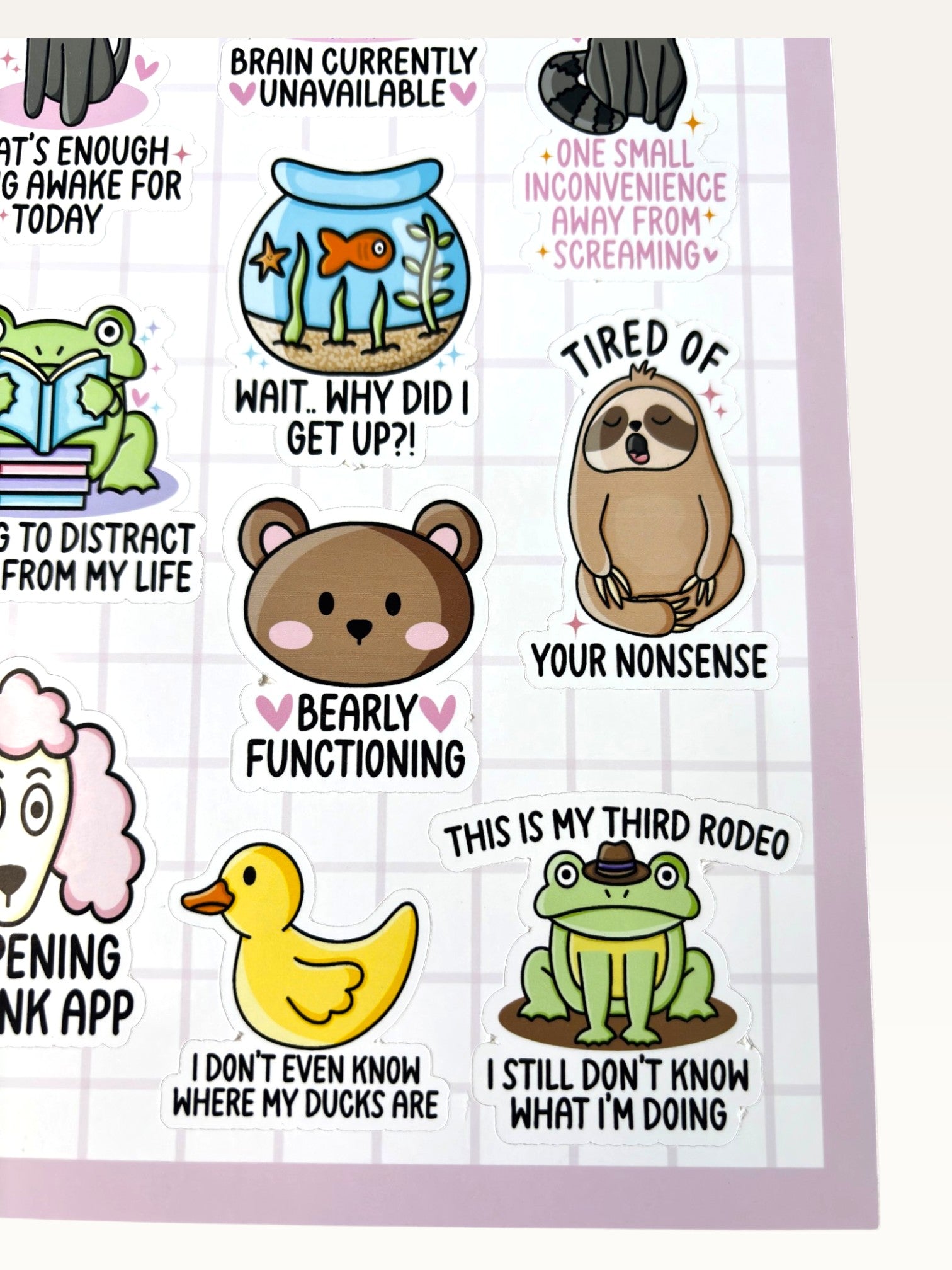 Paper Party Studio glossy sticker sheet featuring funny animals with relatable quotes like bearly functioning bear.