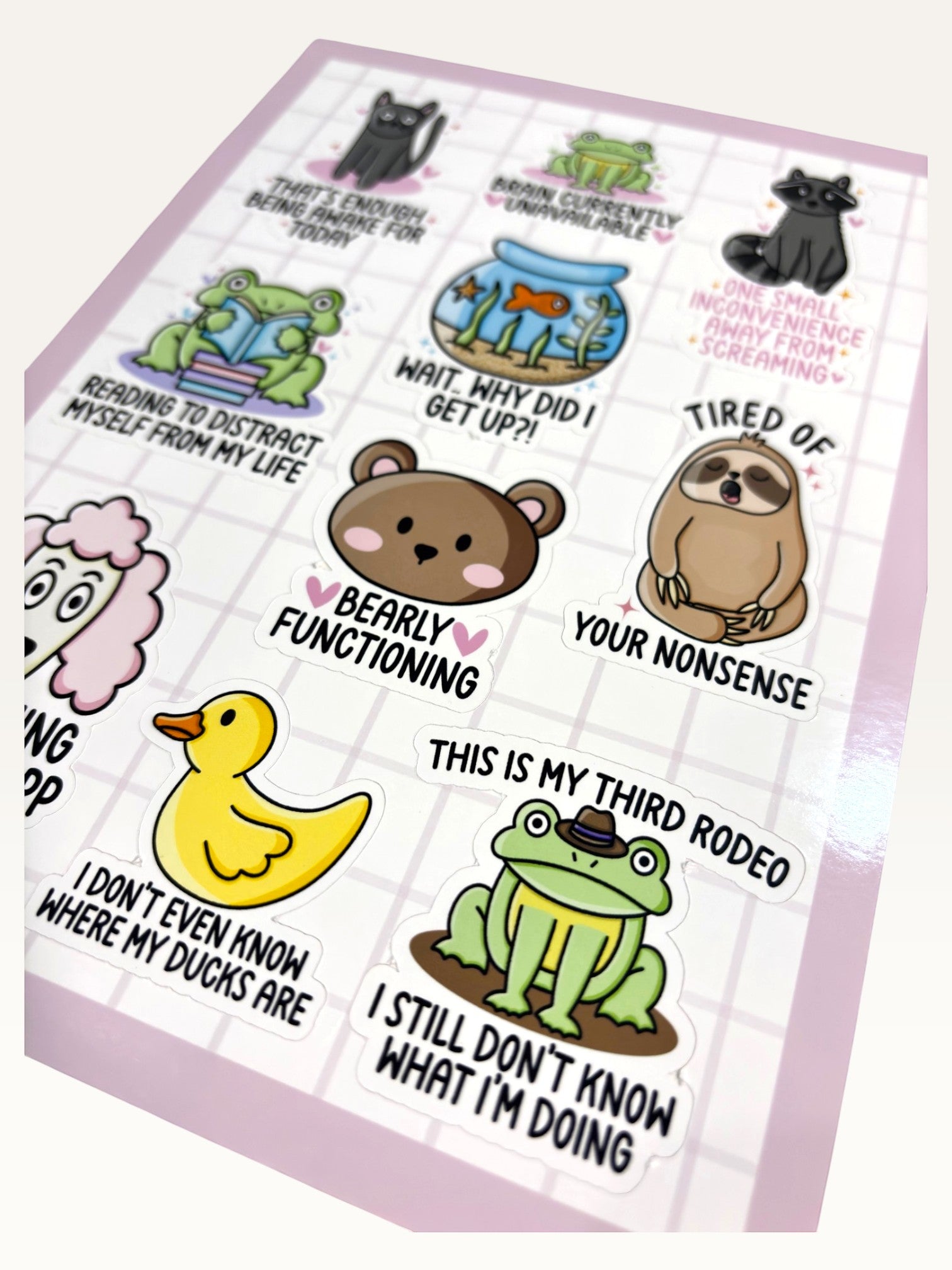 Paper Party Studio glossy sticker sheet featuring funny animals with relatable quotes like bearly functioning bear.