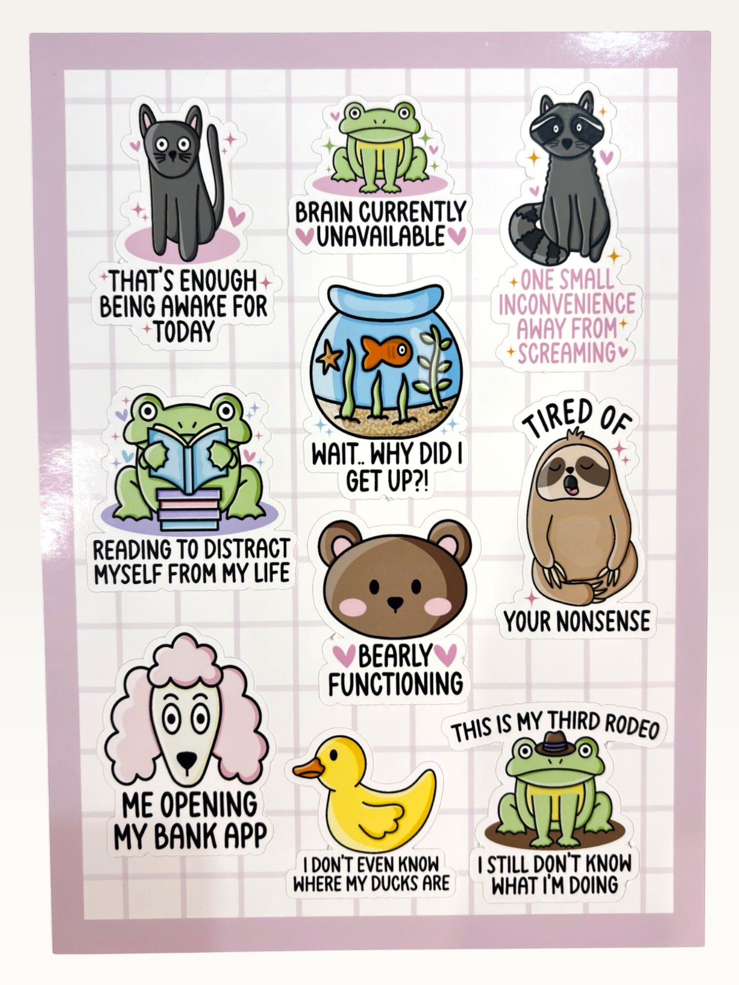 Paper Party Studio funny animal sticker sheet with glossy kiss-cut stickers featuring relatable quotes and cute animals.