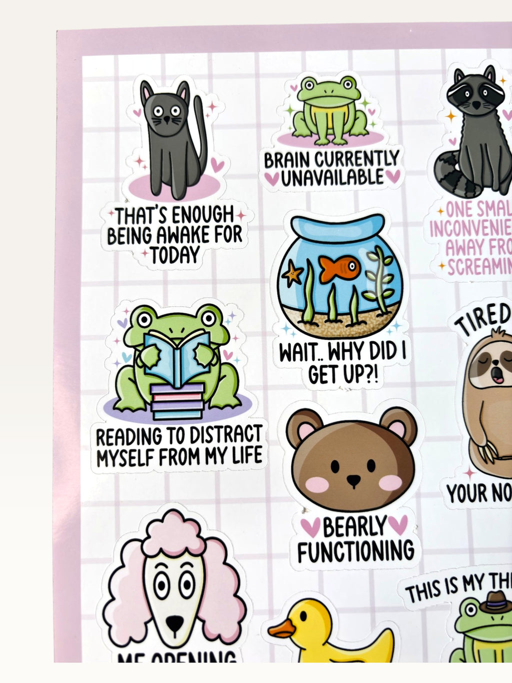 Paper Party Studio funny animal sticker sheet with relatable quotes on premium glossy kiss-cut paper