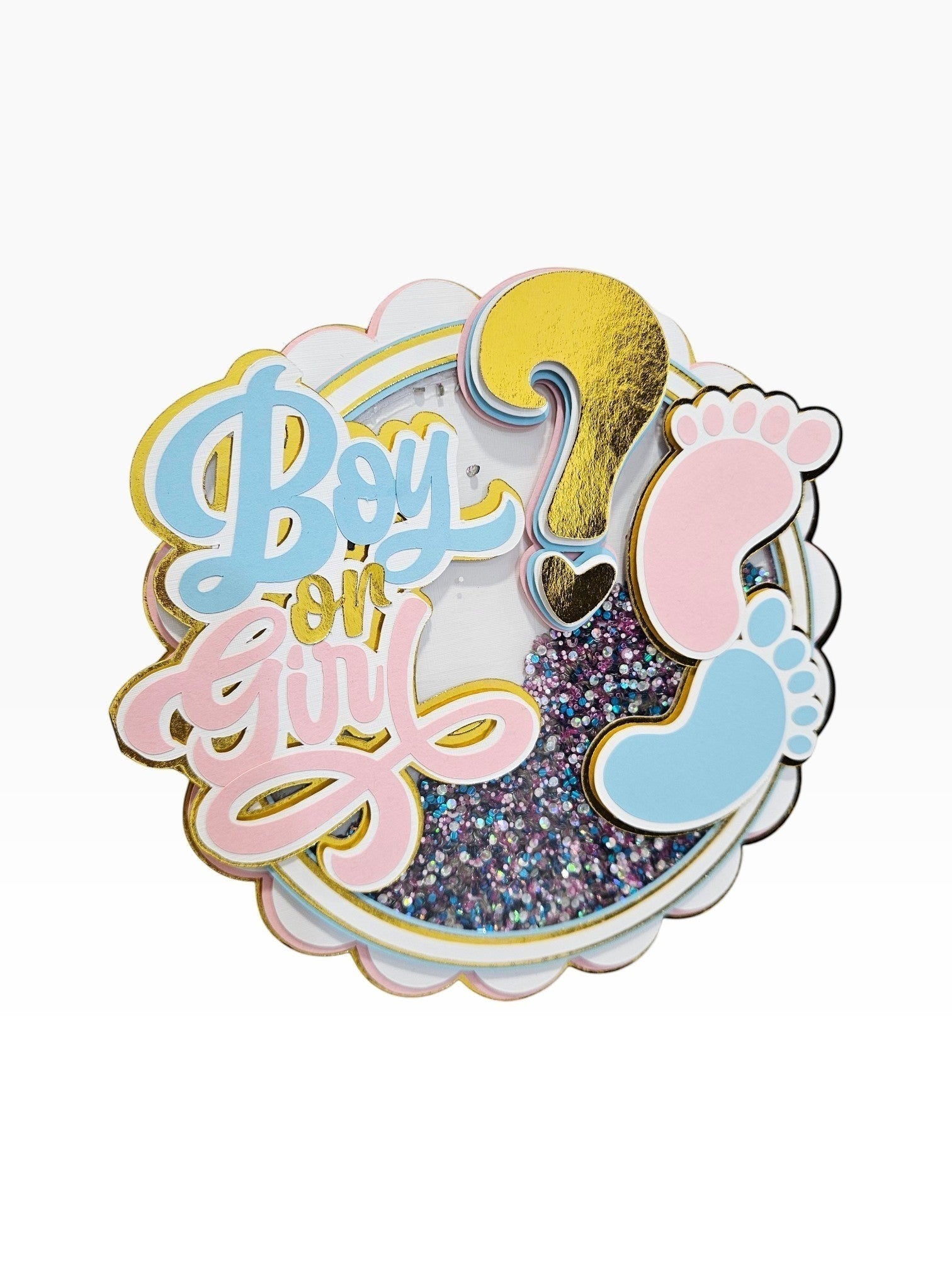 Paper Party Studio Boy or Girl glitter shaker cake topper with pink and blue baby feet and gold foil question mark.