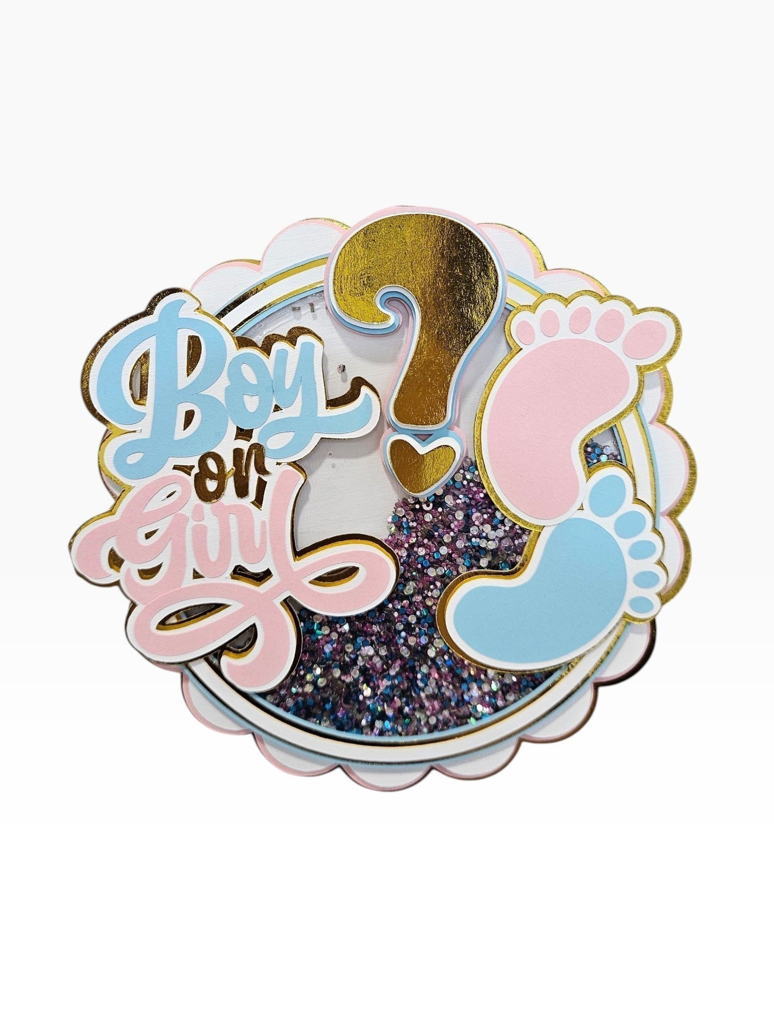 Paper Party Studio "Boy or Girl?" gender reveal cake topper with pink and blue baby feet, gold foil question mark, and glitter shaker.