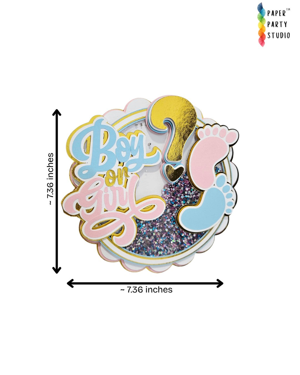 Paper Party Studio gender reveal cake topper with glitter shaker, pink and blue baby feet, and gold foil accents.