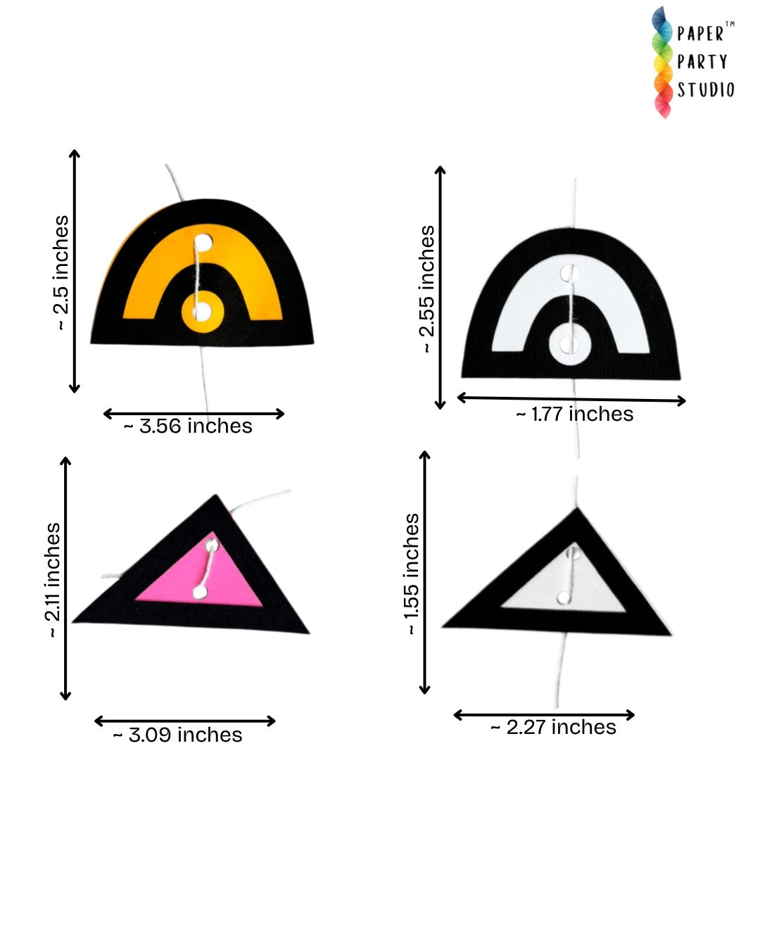 Paper Party Studio boho geometric paper hanging backdrop with black, mustard, pink, and white arches and triangles.