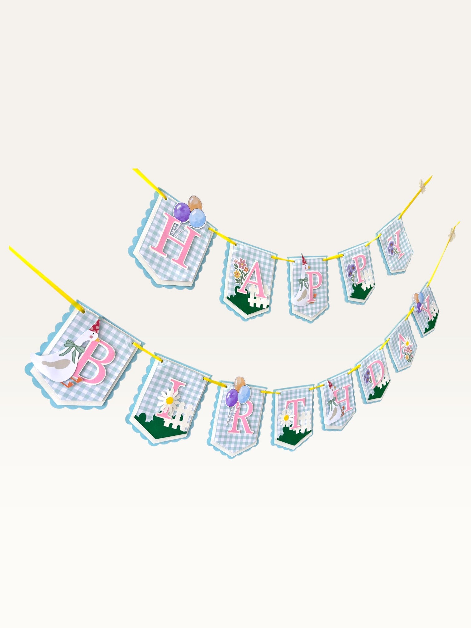 Paper Party Studio Gingham Garden Happy Birthday banner with pastel blue gingham flags, pink letters, and floral art.
