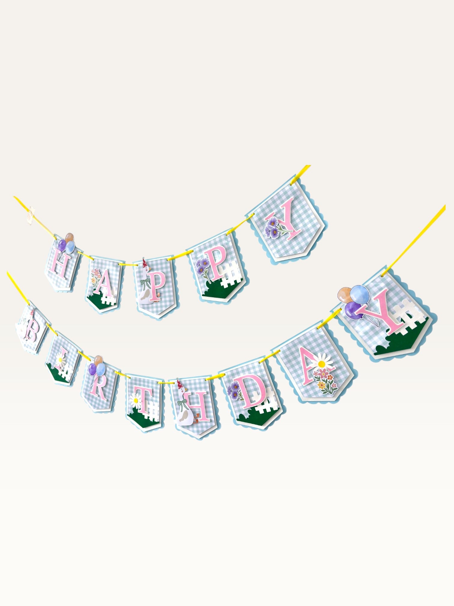 Paper Party Studio Happy Birthday banner featuring blue gingham flags, pink letters, daisies, and a party-hat goose.