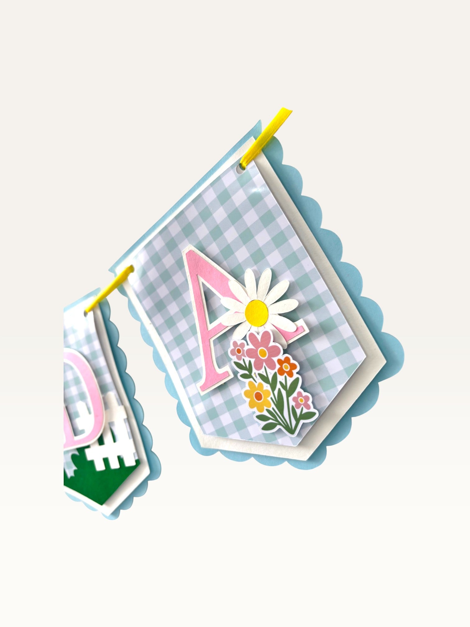 Paper Party Studio birthday banner featuring blue gingham paper flags with pink letters, daisies, and wildflowers.