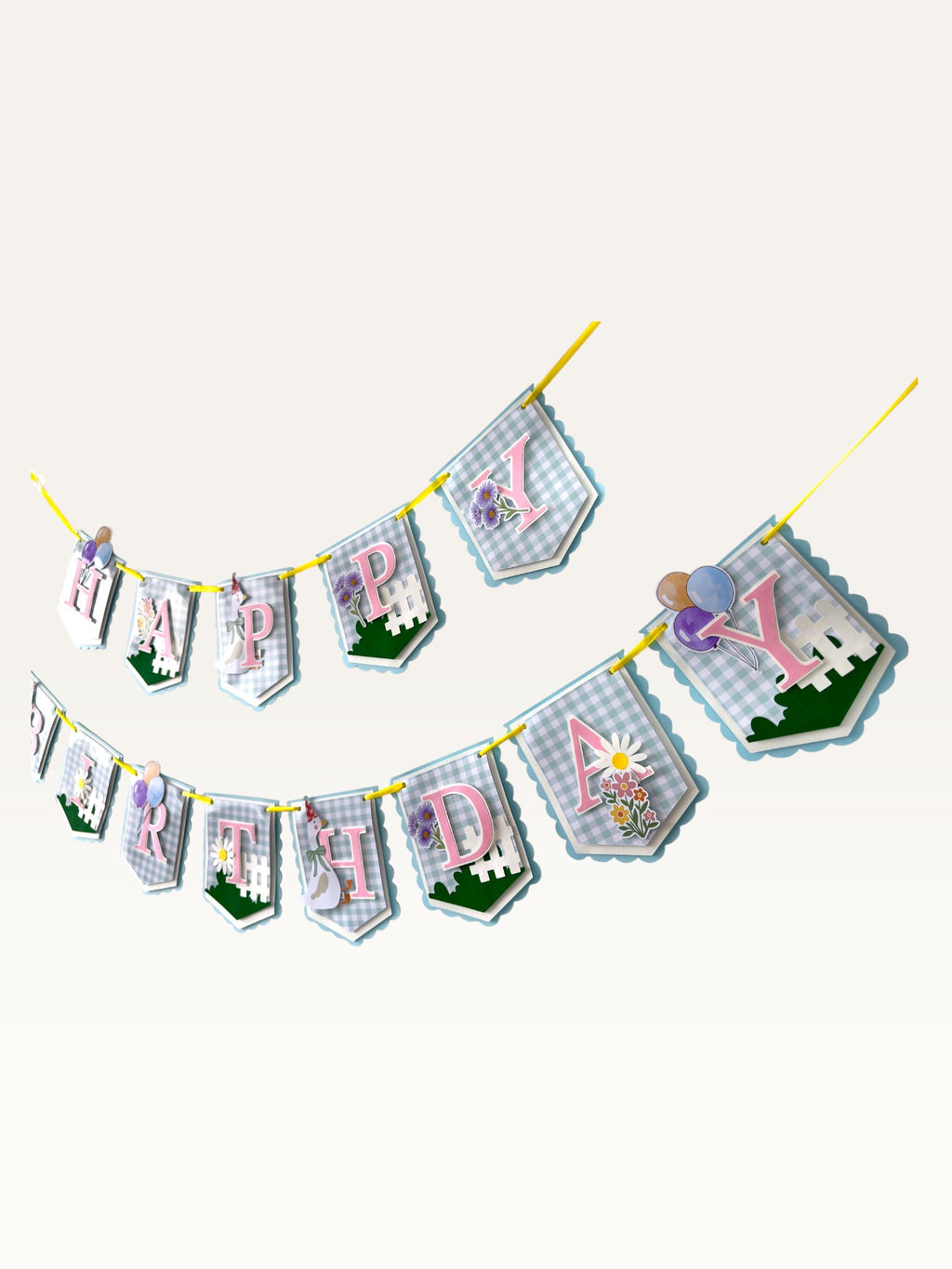 Paper Party Studio Gingham Garden birthday banner with blue check flags, pink letters, daisies, and a party goose.